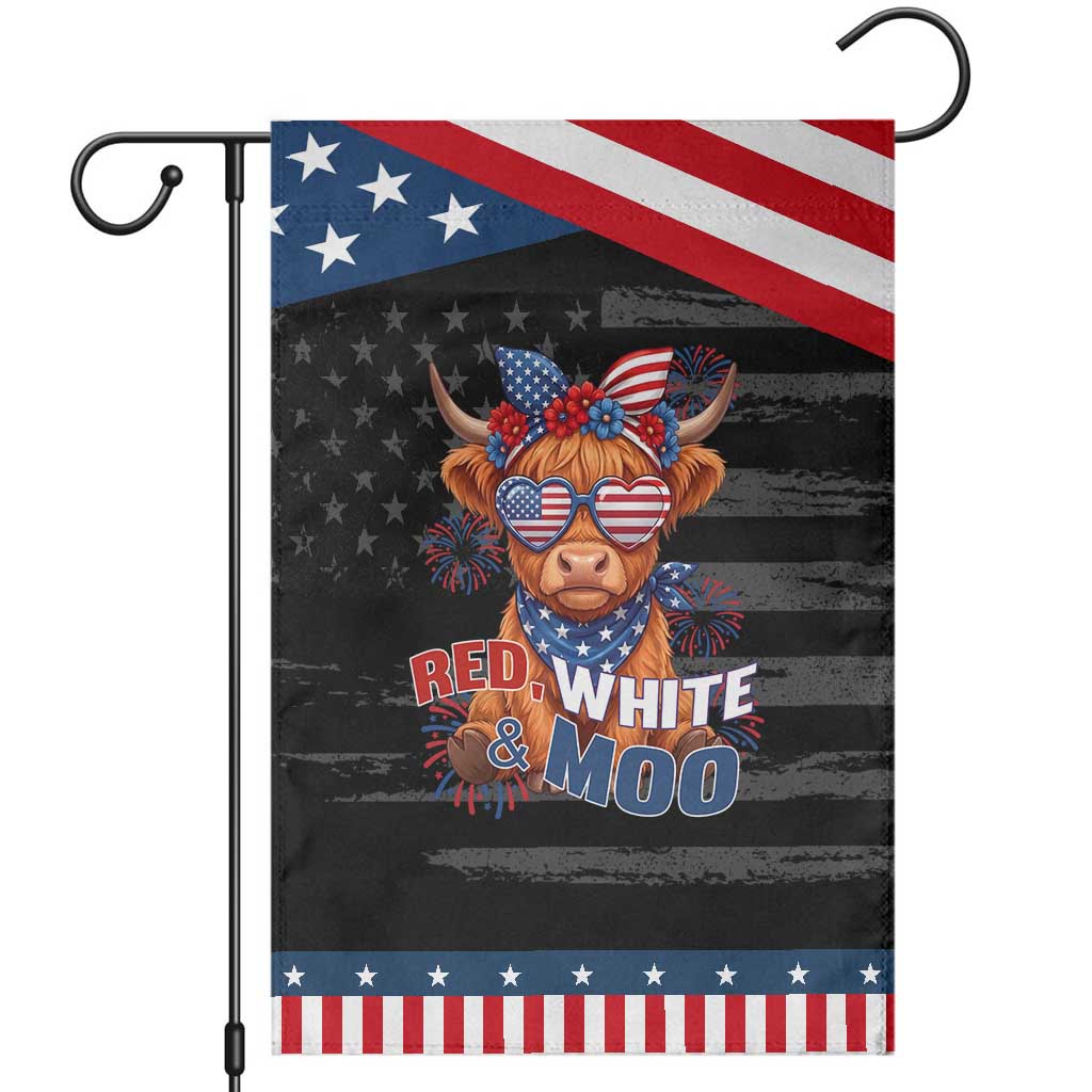 Red White and Moo Funny Highland Cow Patriotic Garden Flag Cute American Flag Sunglasses and Bandana Summer Fireworks