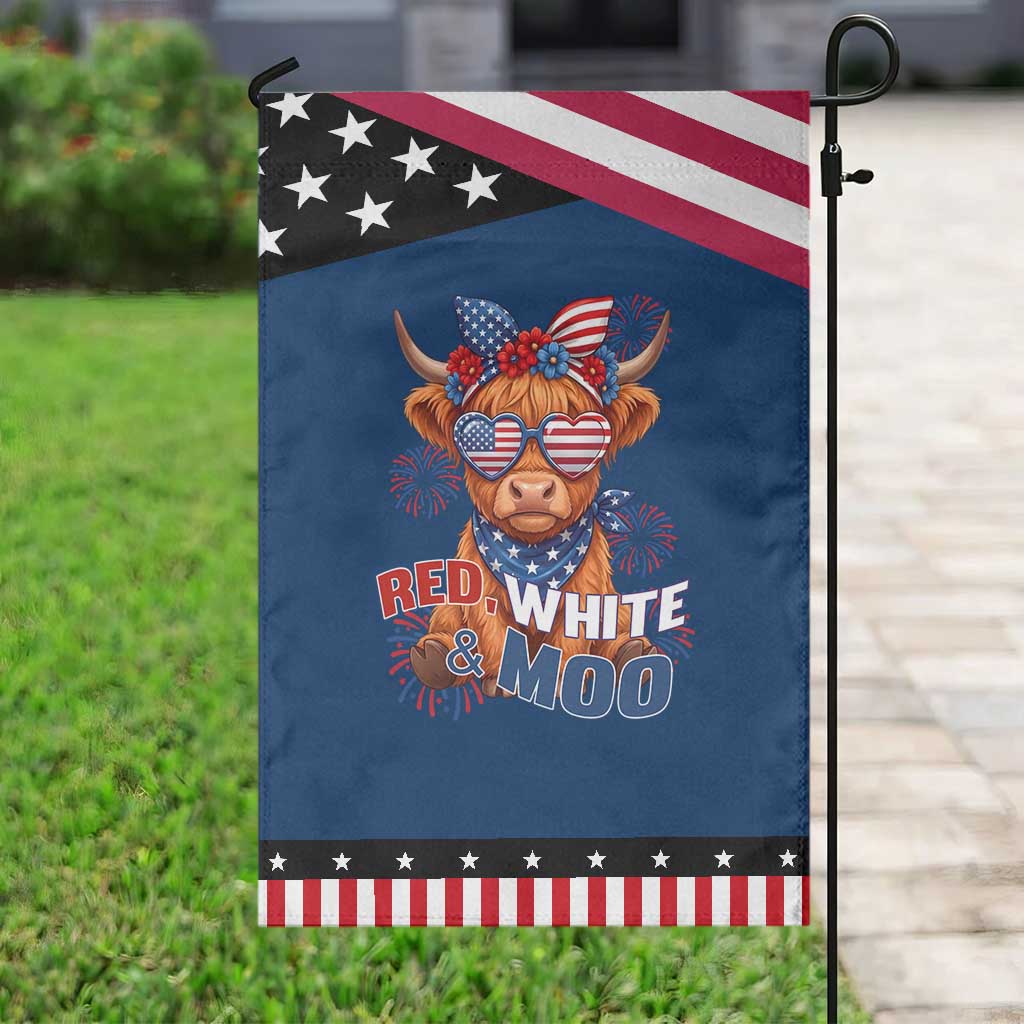 Red White and Moo Funny Highland Cow Patriotic Garden Flag Cute American Flag Sunglasses and Bandana Summer Fireworks