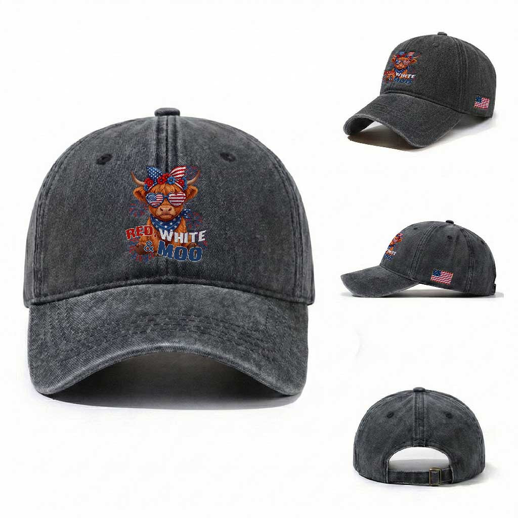 Red White and Moo Funny Patriotic Highland Cow Washed Cotton Baseball Cap Cute American Flag Sunglasses and Bandana Summer Fireworks