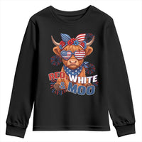 Red White and Moo Funny Patriotic Highland Cow Youth Sweatshirt Cute American Flag Sunglasses and Bandana Summer Fireworks