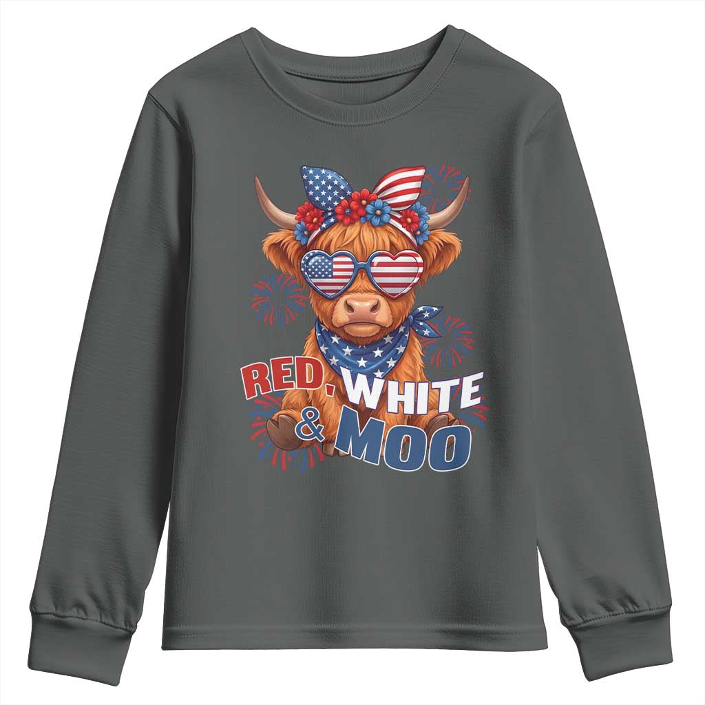 Red White and Moo Funny Patriotic Highland Cow Youth Sweatshirt Cute American Flag Sunglasses and Bandana Summer Fireworks