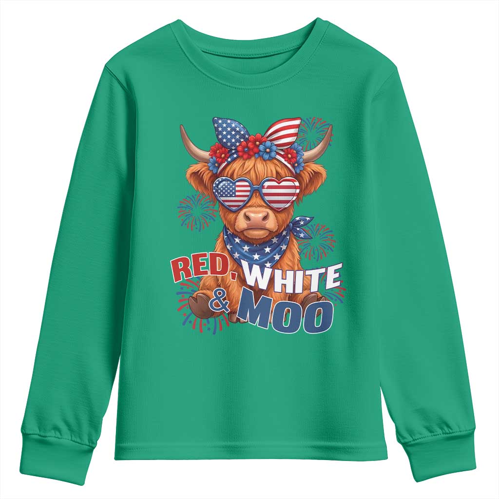 Red White and Moo Funny Patriotic Highland Cow Youth Sweatshirt Cute American Flag Sunglasses and Bandana Summer Fireworks
