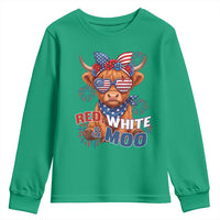 Red White and Moo Funny Patriotic Highland Cow Youth Sweatshirt Cute American Flag Sunglasses and Bandana Summer Fireworks