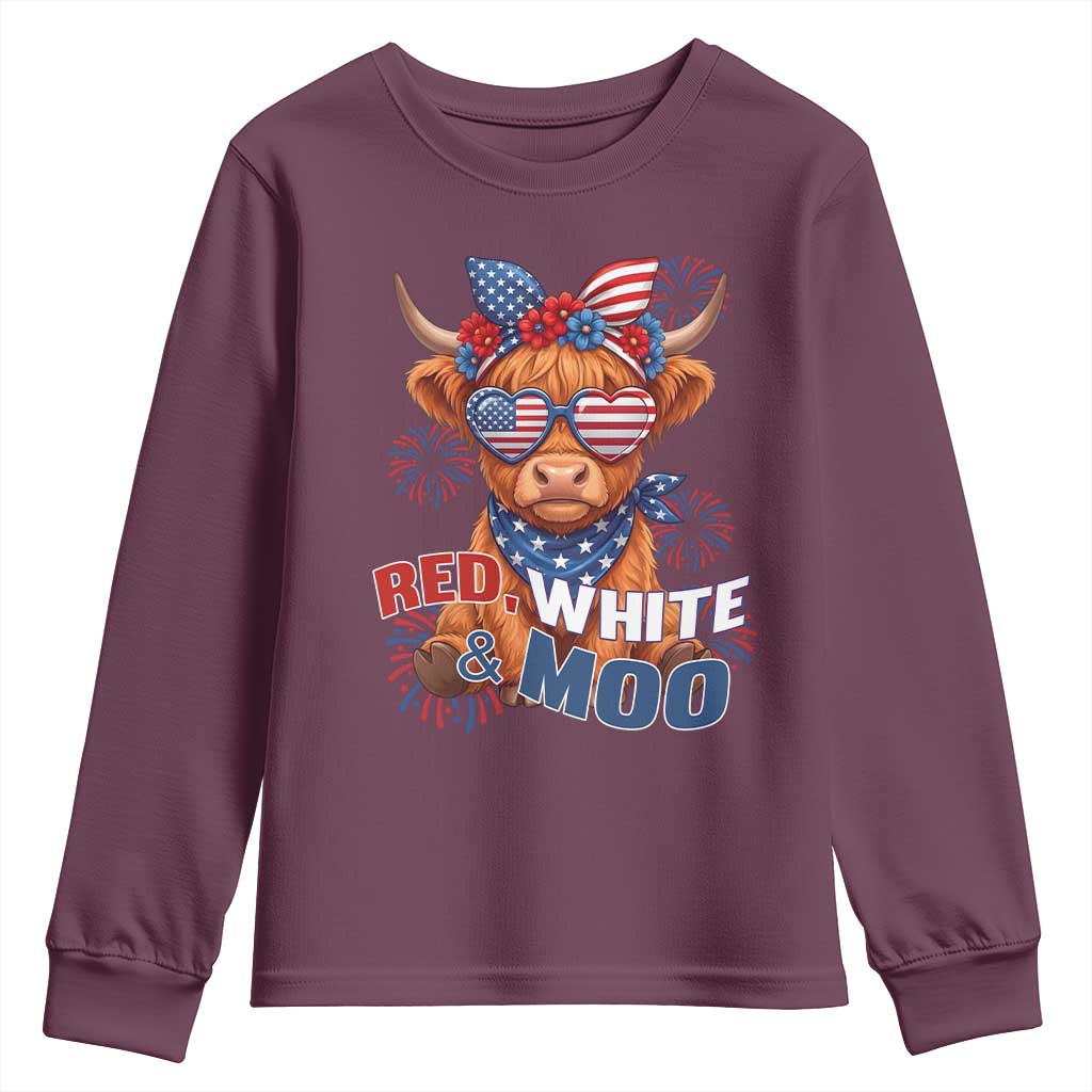 Red White and Moo Funny Patriotic Highland Cow Youth Sweatshirt Cute American Flag Sunglasses and Bandana Summer Fireworks