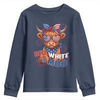 Red White and Moo Funny Patriotic Highland Cow Youth Sweatshirt Cute American Flag Sunglasses and Bandana Summer Fireworks