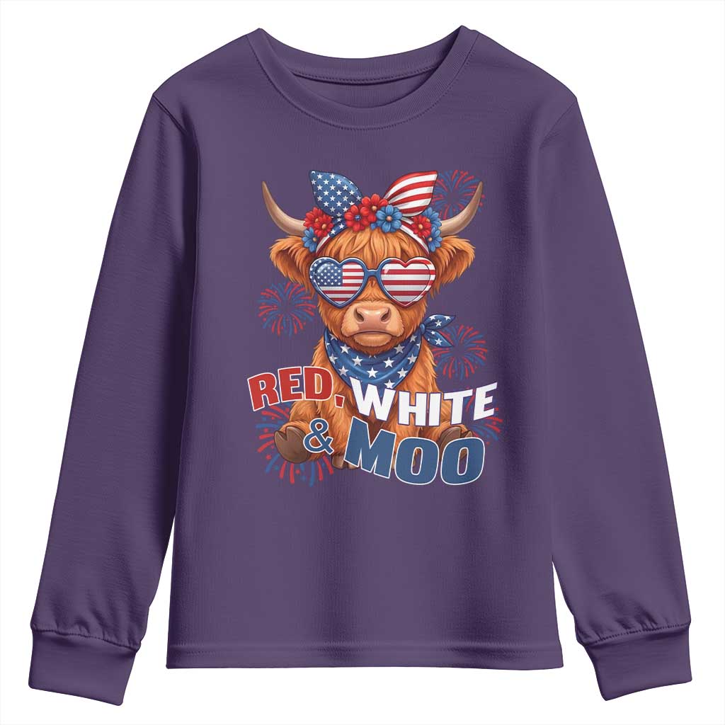 Red White and Moo Funny Patriotic Highland Cow Youth Sweatshirt Cute American Flag Sunglasses and Bandana Summer Fireworks