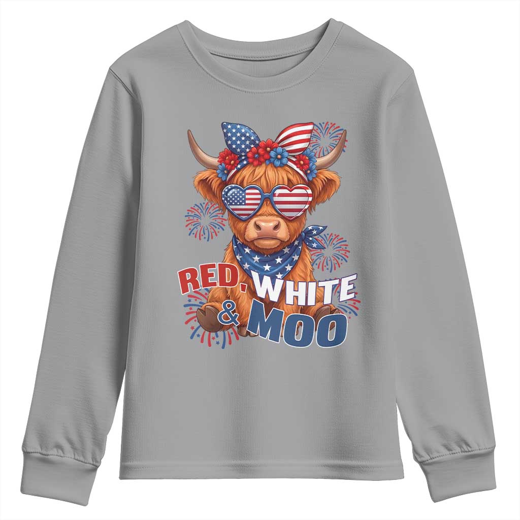 Red White and Moo Funny Patriotic Highland Cow Youth Sweatshirt Cute American Flag Sunglasses and Bandana Summer Fireworks