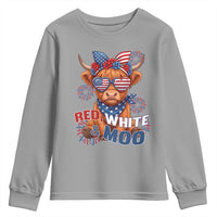 Red White and Moo Funny Patriotic Highland Cow Youth Sweatshirt Cute American Flag Sunglasses and Bandana Summer Fireworks