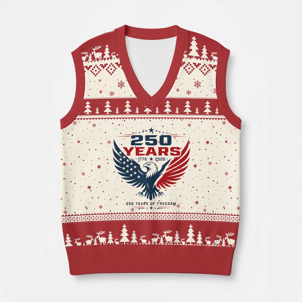 250 Years of Freedom Commemorative Patriotic Eagle V-Neck Knit Sweater Vest Majestic American Flag Winged Eagle 1776 to 2026 Semiquincentennial