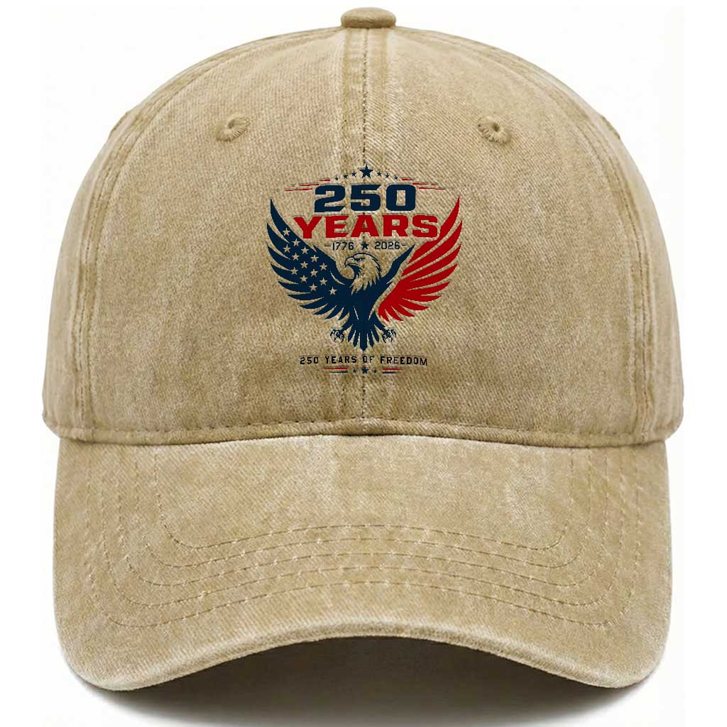 250 Years of Freedom Commemorative Patriotic Eagle Washed Cotton Baseball Cap Majestic American Flag Winged Eagle 1776 to 2026 Semiquincentennial