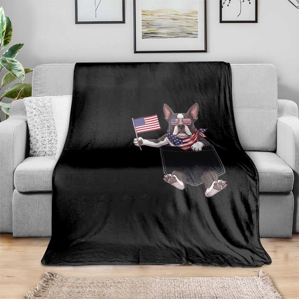 Funny Patriotic French Bulldog in Pocket Graphic Throw Blanket Cute Frenchie Waving US Flag Sunglasses Faux Summer