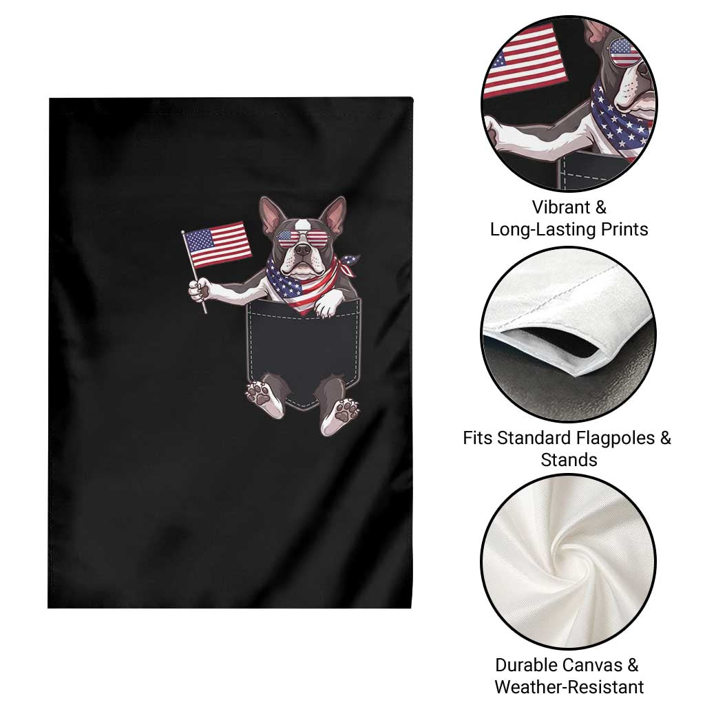 Funny Patriotic French Bulldog in Pocket Graphic Garden Flag Cute Frenchie Waving US Flag Sunglasses Faux Summer