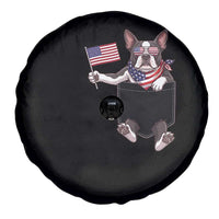 Funny Patriotic French Bulldog in Pocket Graphic Spare Tire Cover Cute Frenchie Waving US Flag Sunglasses Faux Summer