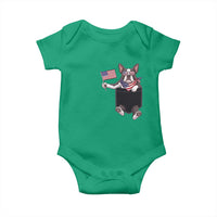 Funny Patriotic French Bulldog in Pocket Graphic Baby Onesie Cute Frenchie Waving US Flag Sunglasses Faux Summer
