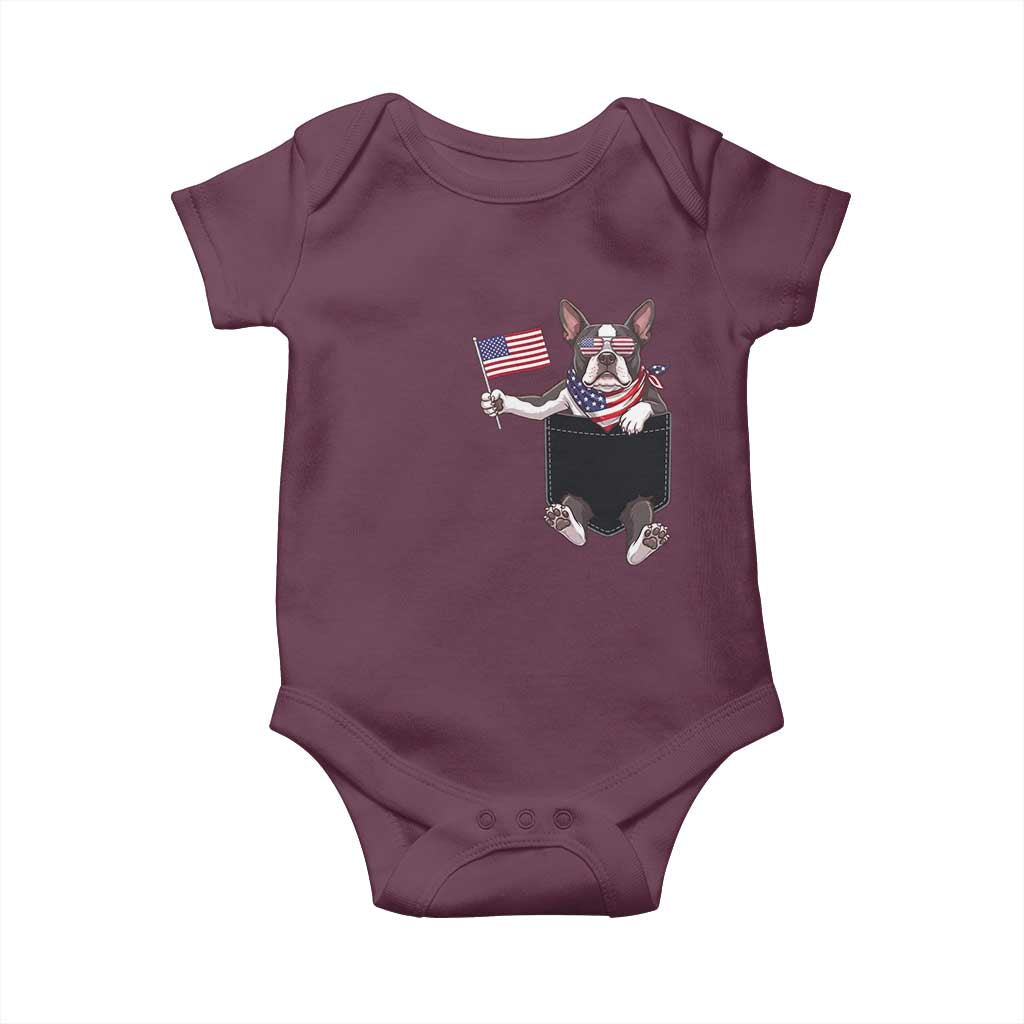 Funny Patriotic French Bulldog in Pocket Graphic Baby Onesie Cute Frenchie Waving US Flag Sunglasses Faux Summer