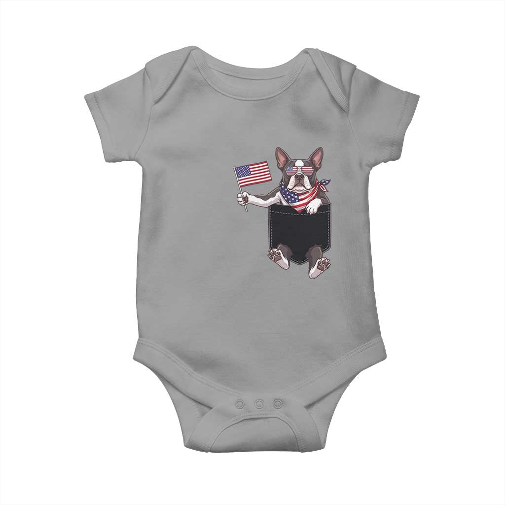 Funny Patriotic French Bulldog in Pocket Graphic Baby Onesie Cute Frenchie Waving US Flag Sunglasses Faux Summer