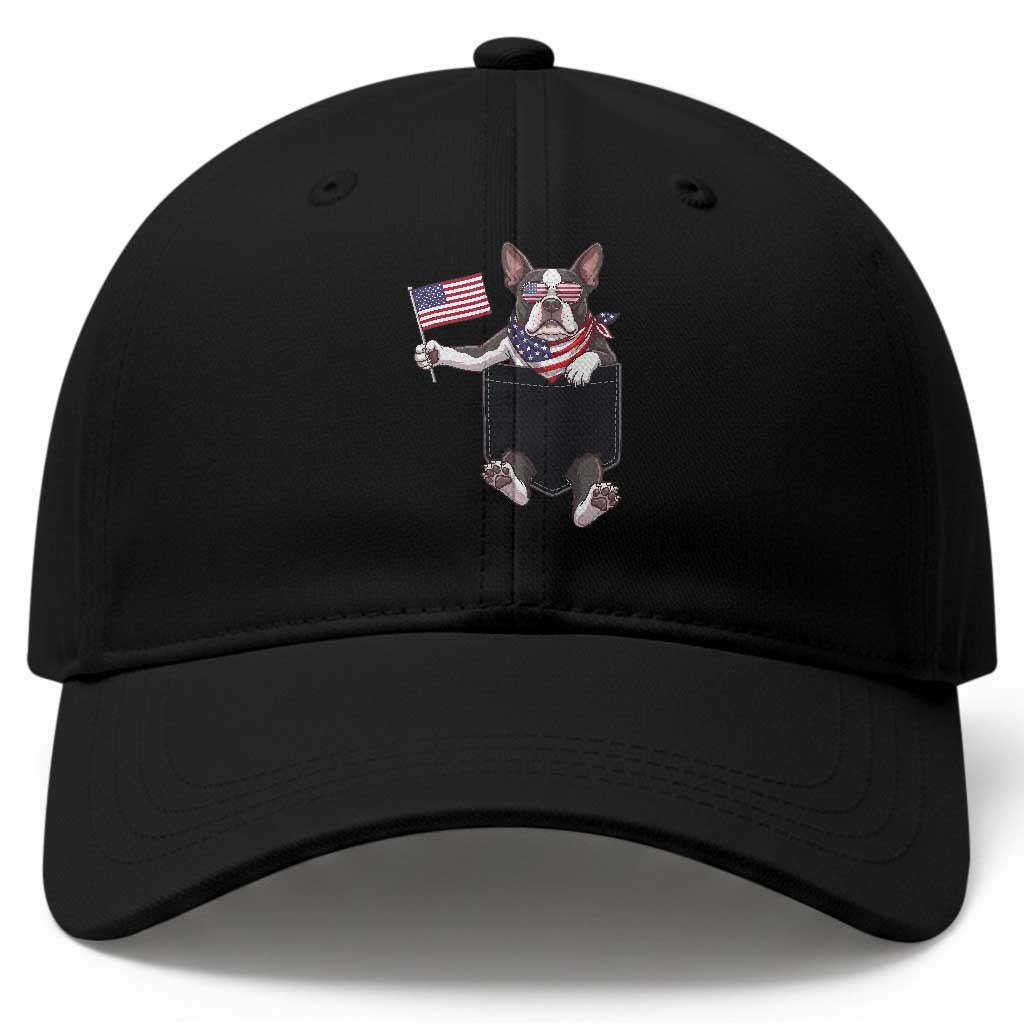 Funny Patriotic French Bulldog in Pocket Graphic Baseball Cap Cute Frenchie Waving US Flag Sunglasses Faux Summer