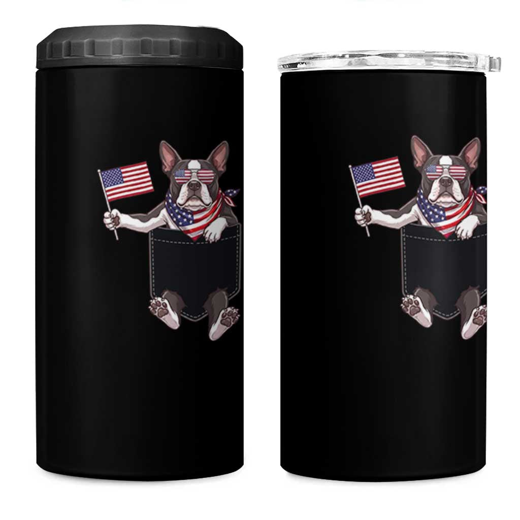 Funny Patriotic French Bulldog in Pocket Graphic 4 in 1 Can Cooler Tumbler Cute Frenchie Waving US Flag Sunglasses Faux Summer