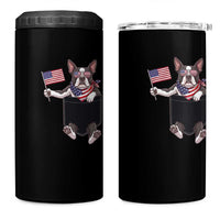 Funny Patriotic French Bulldog in Pocket Graphic 4 in 1 Can Cooler Tumbler Cute Frenchie Waving US Flag Sunglasses Faux Summer