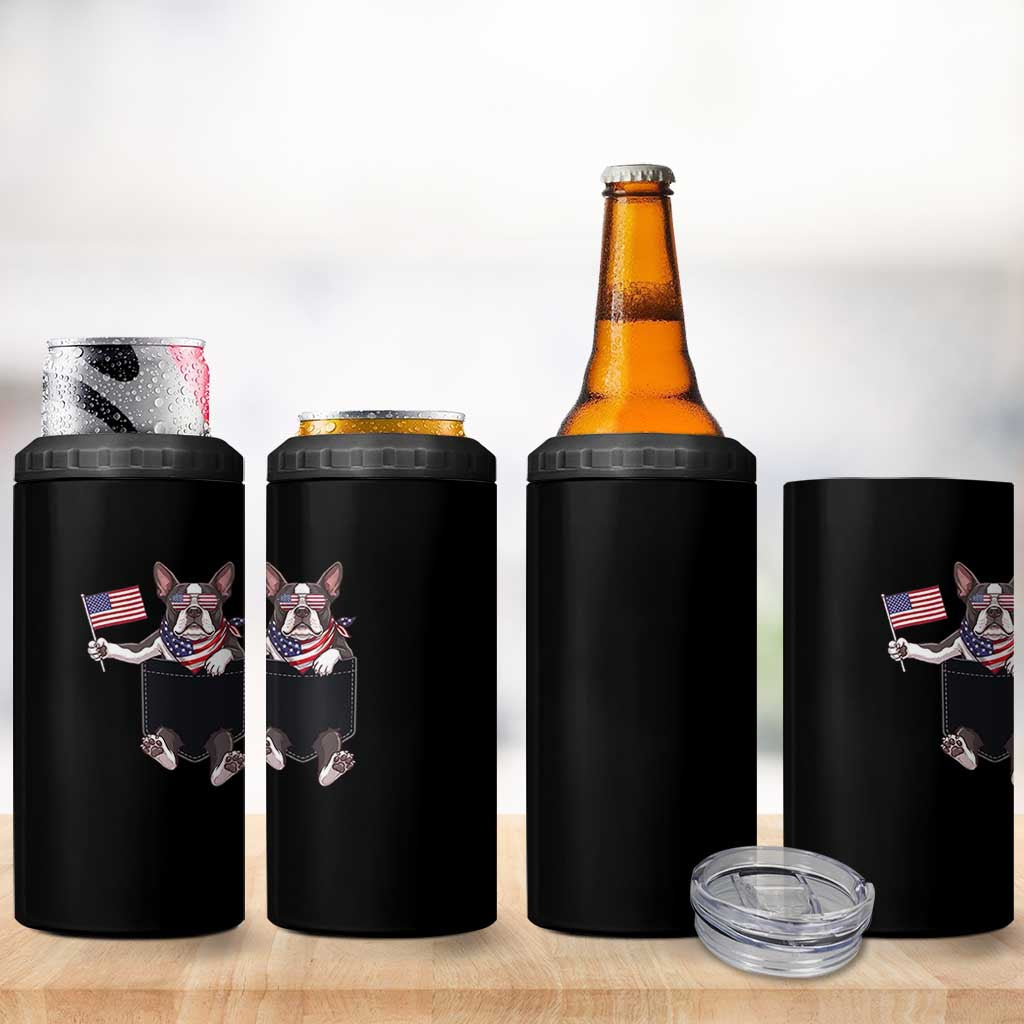 Funny Patriotic French Bulldog in Pocket Graphic 4 in 1 Can Cooler Tumbler Cute Frenchie Waving US Flag Sunglasses Faux Summer