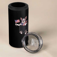 Funny Patriotic French Bulldog in Pocket Graphic 4 in 1 Can Cooler Tumbler Cute Frenchie Waving US Flag Sunglasses Faux Summer