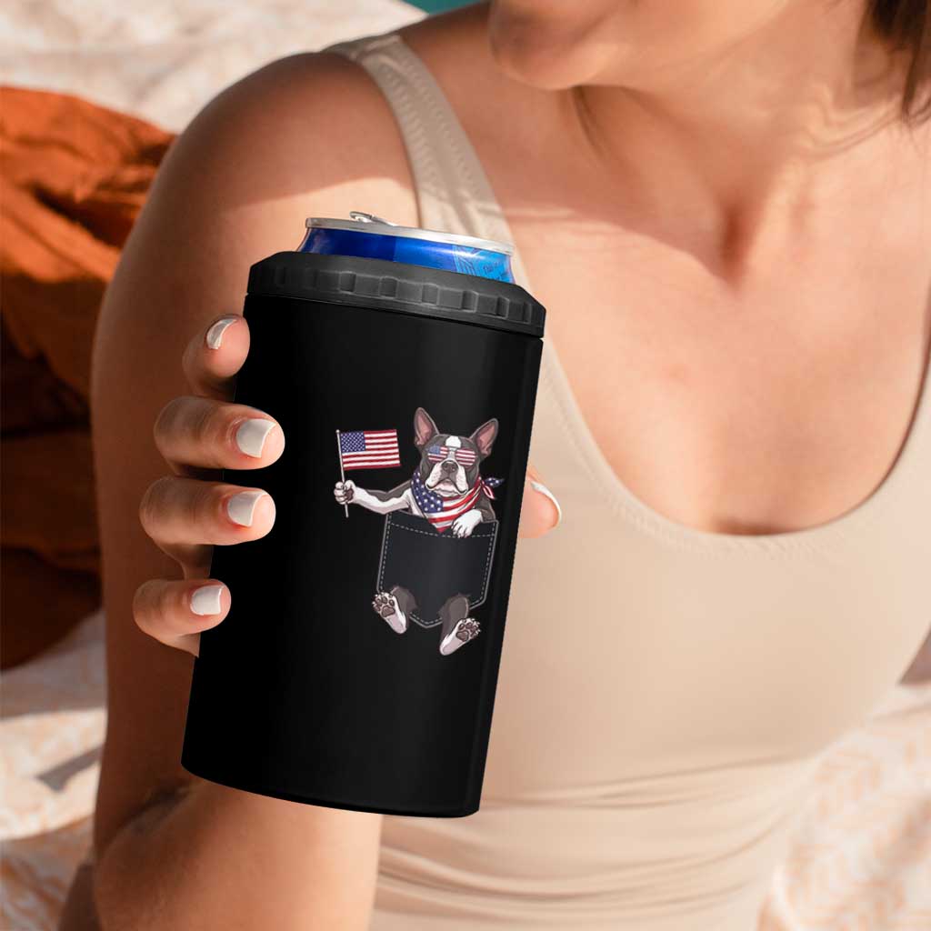 Funny Patriotic French Bulldog in Pocket Graphic 4 in 1 Can Cooler Tumbler Cute Frenchie Waving US Flag Sunglasses Faux Summer