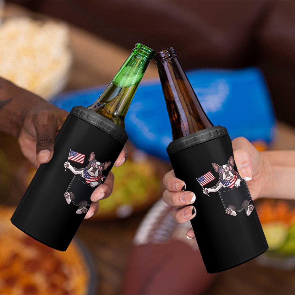 Funny Patriotic French Bulldog in Pocket Graphic 4 in 1 Can Cooler Tumbler Cute Frenchie Waving US Flag Sunglasses Faux Summer