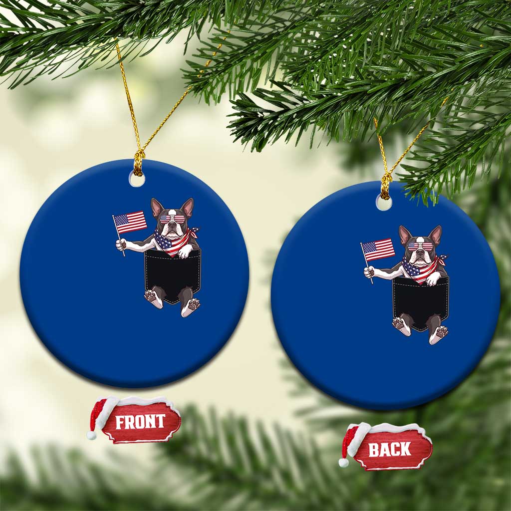 Funny Patriotic French Bulldog in Pocket Graphic Ceramic Ornament Cute Frenchie Waving US Flag Sunglasses Faux Summer