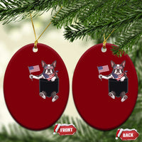Funny Patriotic French Bulldog in Pocket Graphic Ceramic Ornament Cute Frenchie Waving US Flag Sunglasses Faux Summer