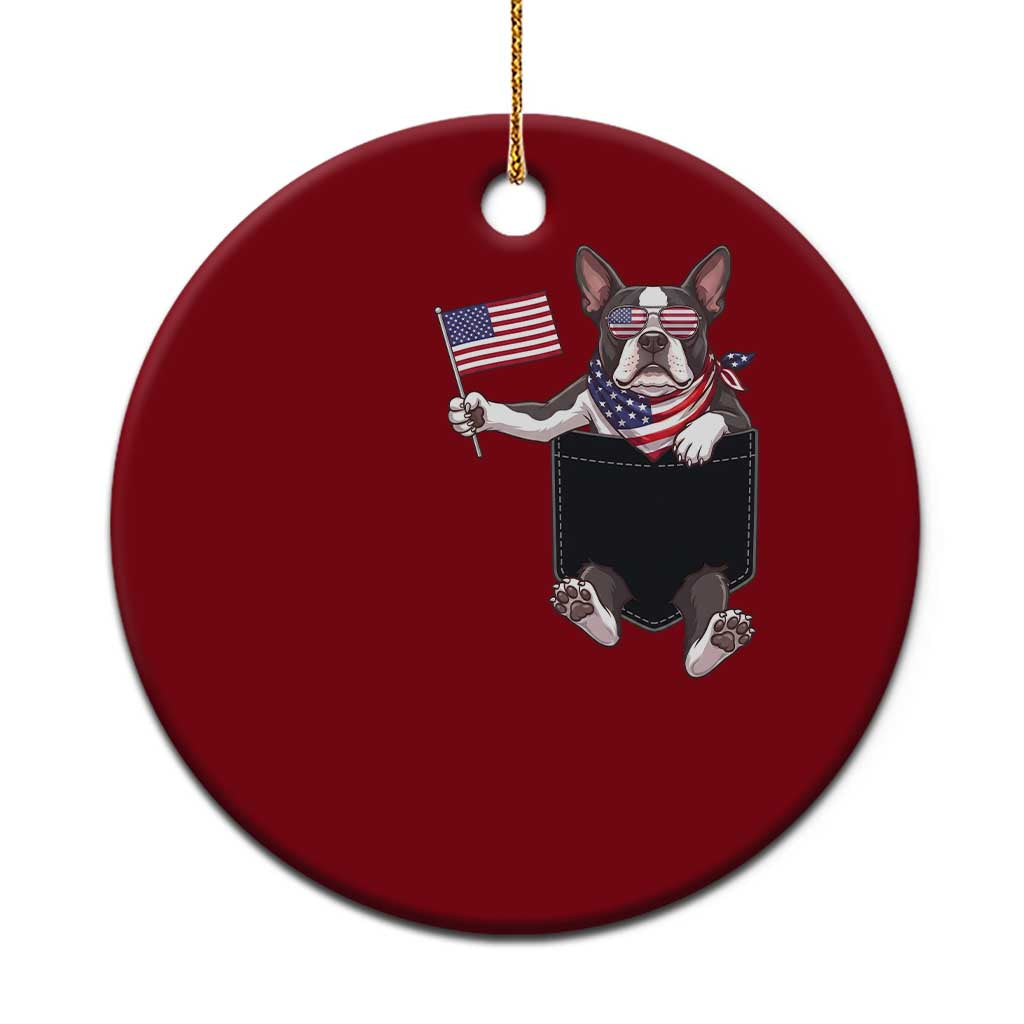 Funny Patriotic French Bulldog in Pocket Graphic Ceramic Ornament Cute Frenchie Waving US Flag Sunglasses Faux Summer