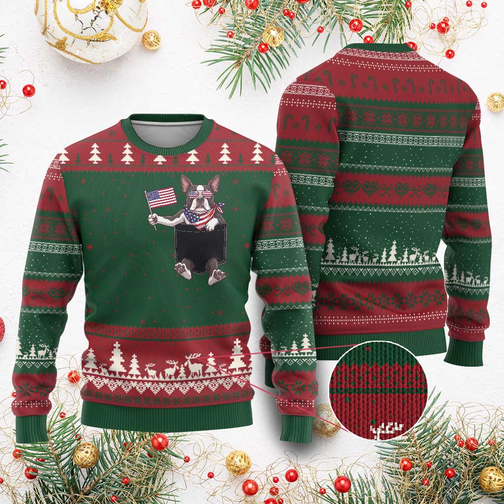 Funny Patriotic French Bulldog in Pocket Graphic Ugly Christmas Sweater Cute Frenchie Waving US Flag Sunglasses Faux Summer