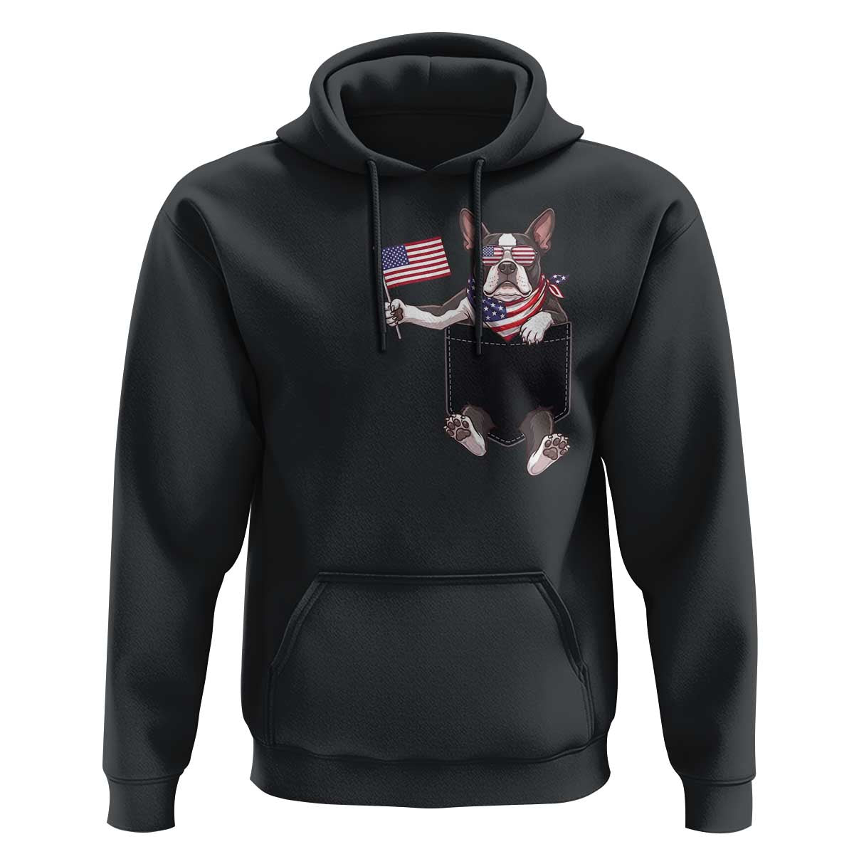 Funny Patriotic French Bulldog in Pocket Graphic Hoodie Cute Frenchie Waving US Flag Sunglasses Faux Summer