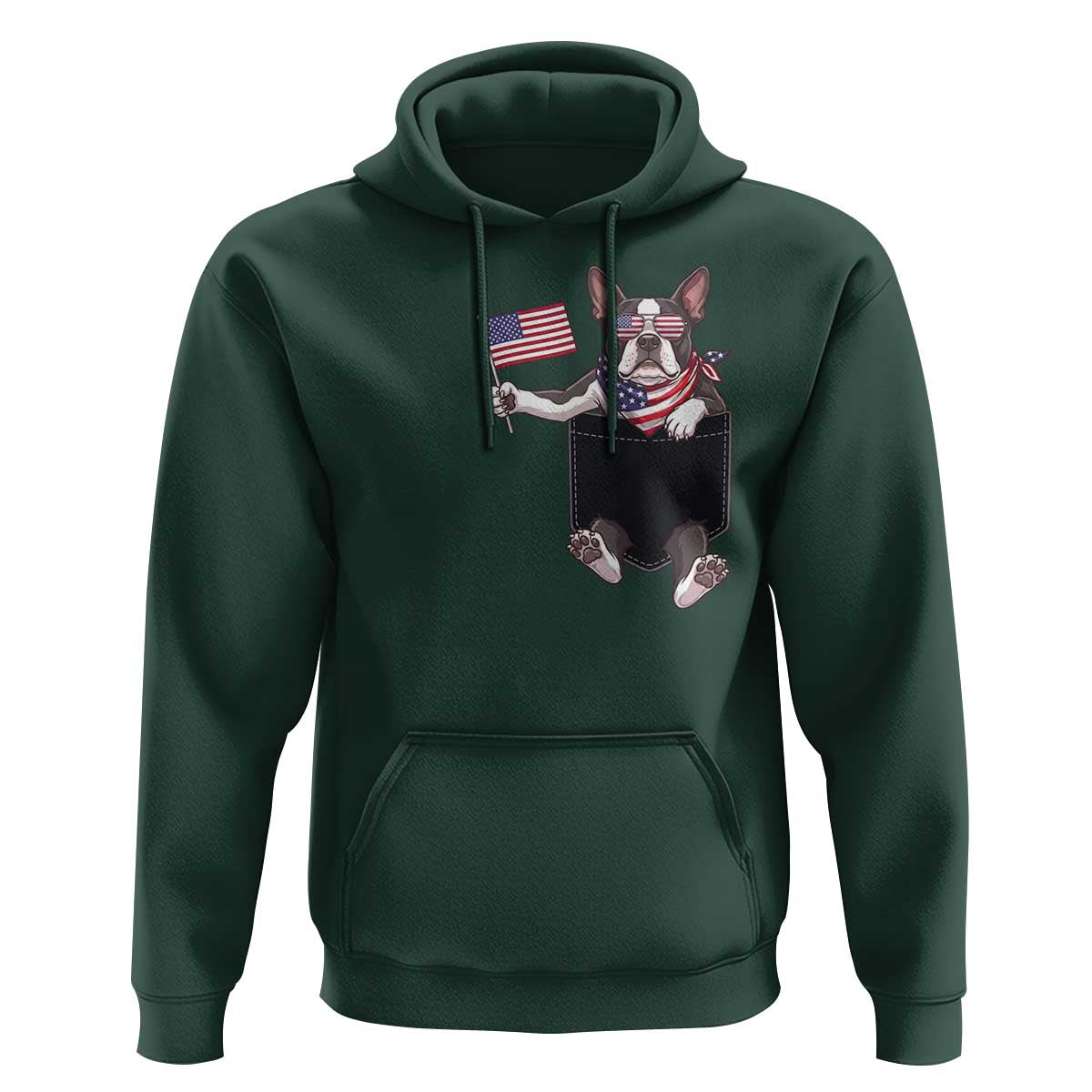 Funny Patriotic French Bulldog in Pocket Graphic Hoodie Cute Frenchie Waving US Flag Sunglasses Faux Summer