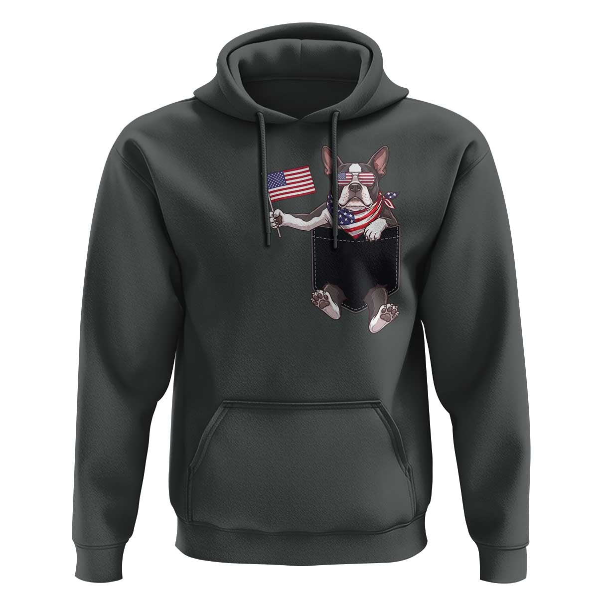 Funny Patriotic French Bulldog in Pocket Graphic Hoodie Cute Frenchie Waving US Flag Sunglasses Faux Summer