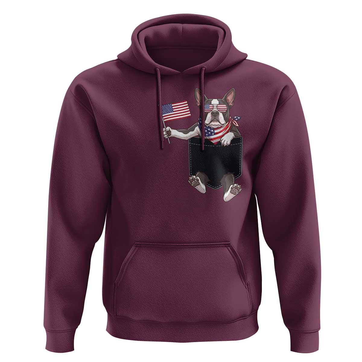 Funny Patriotic French Bulldog in Pocket Graphic Hoodie Cute Frenchie Waving US Flag Sunglasses Faux Summer