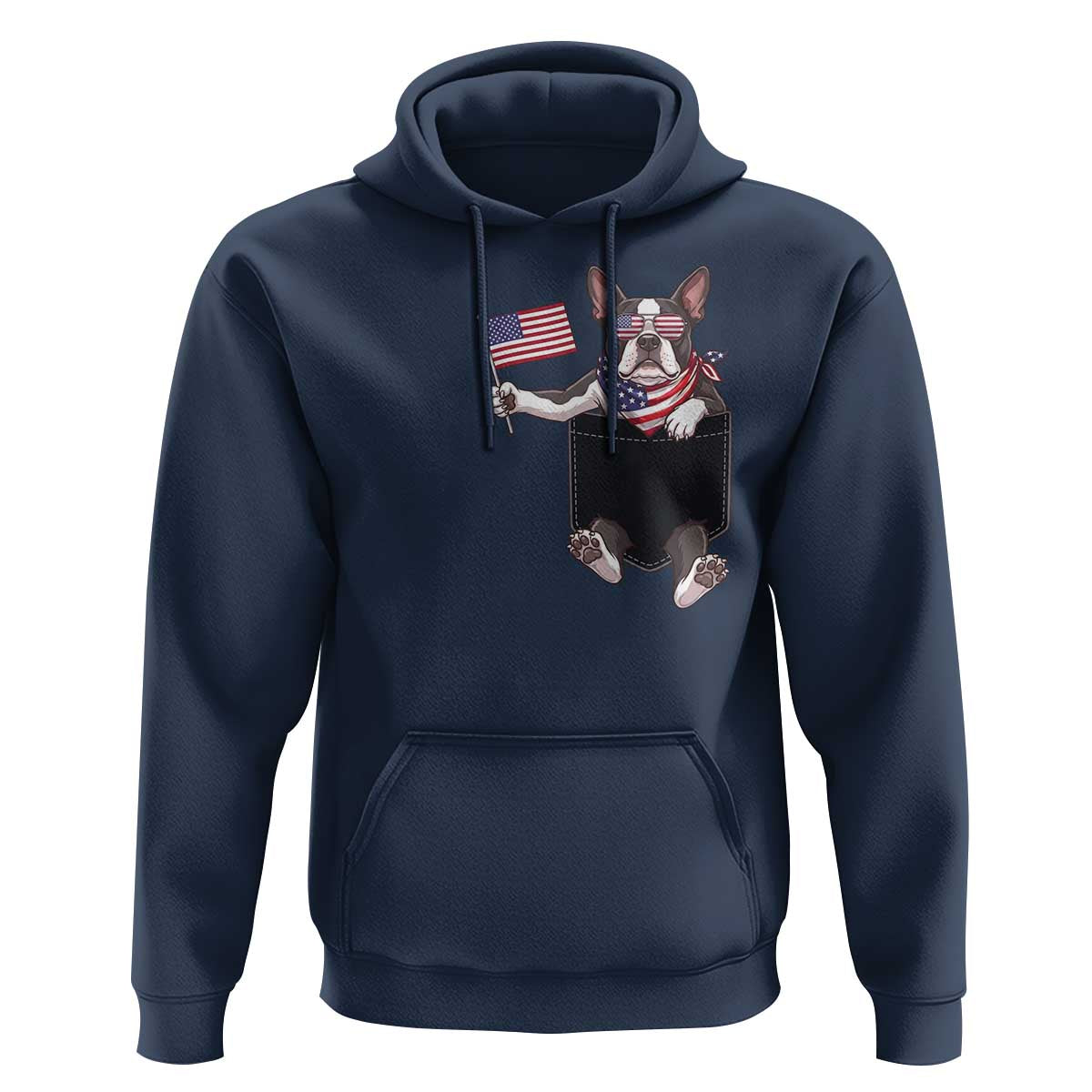 Funny Patriotic French Bulldog in Pocket Graphic Hoodie Cute Frenchie Waving US Flag Sunglasses Faux Summer