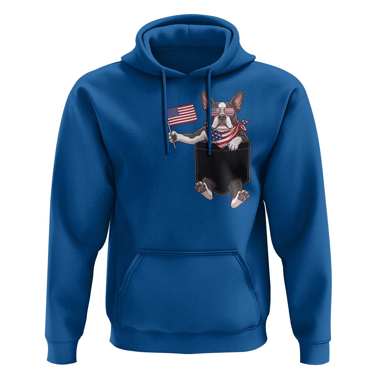 Funny Patriotic French Bulldog in Pocket Graphic Hoodie Cute Frenchie Waving US Flag Sunglasses Faux Summer
