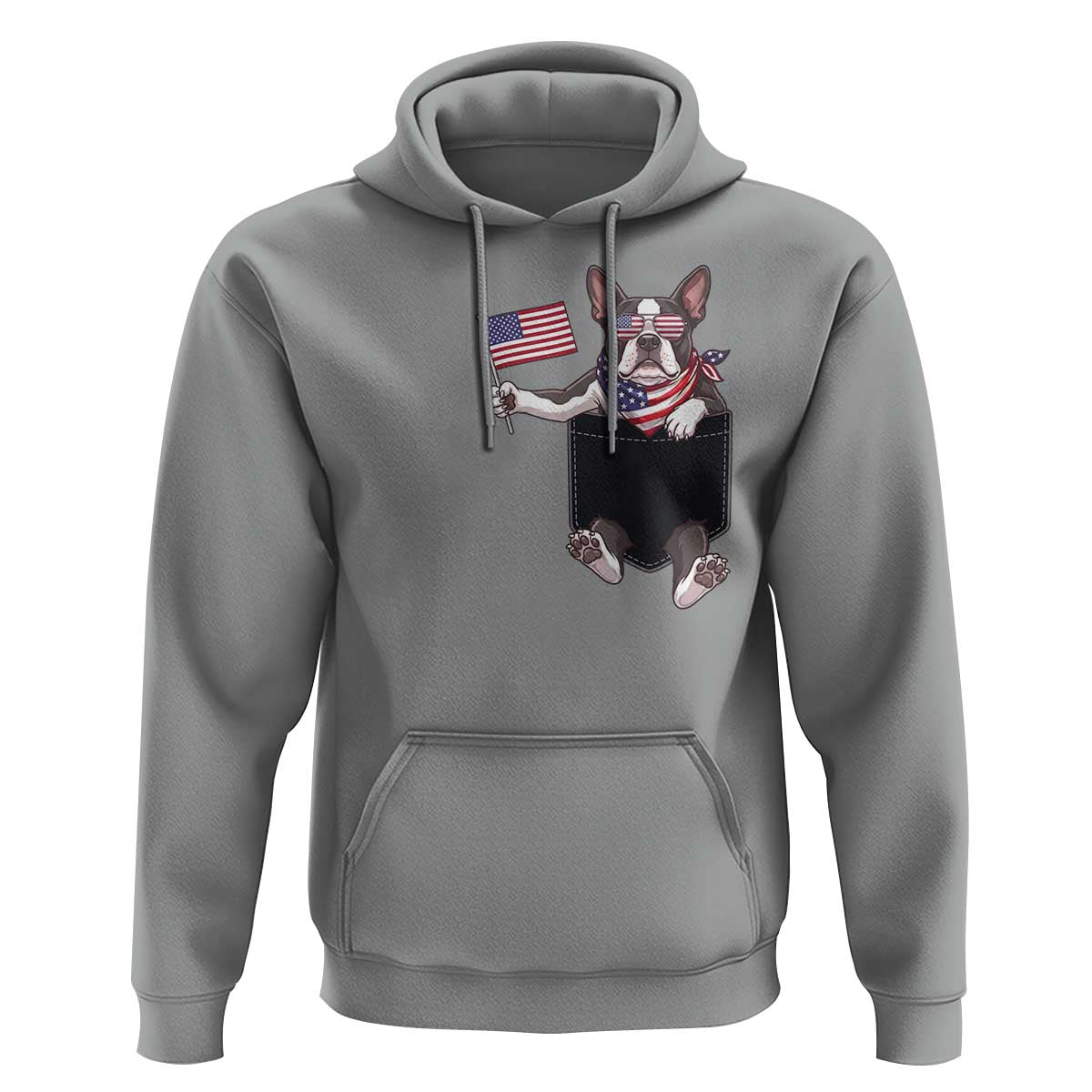 Funny Patriotic French Bulldog in Pocket Graphic Hoodie Cute Frenchie Waving US Flag Sunglasses Faux Summer