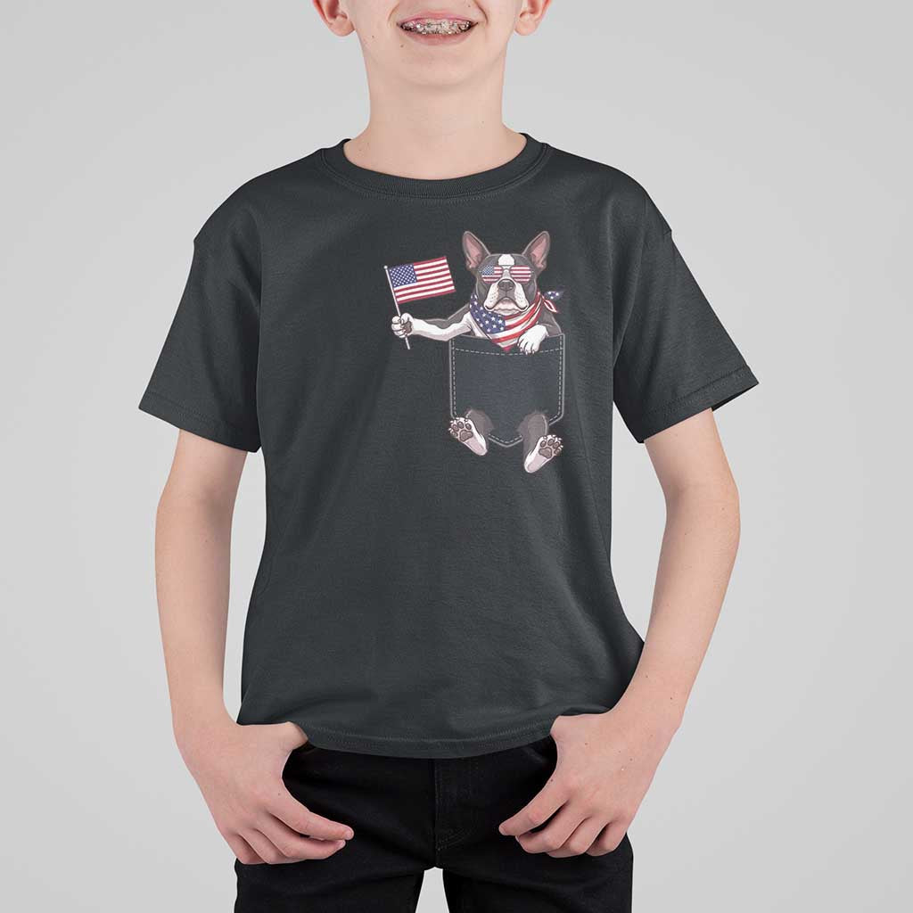 Funny Patriotic French Bulldog in Pocket Graphic T Shirt For Kid Cute Frenchie Waving US Flag Sunglasses Faux Summer