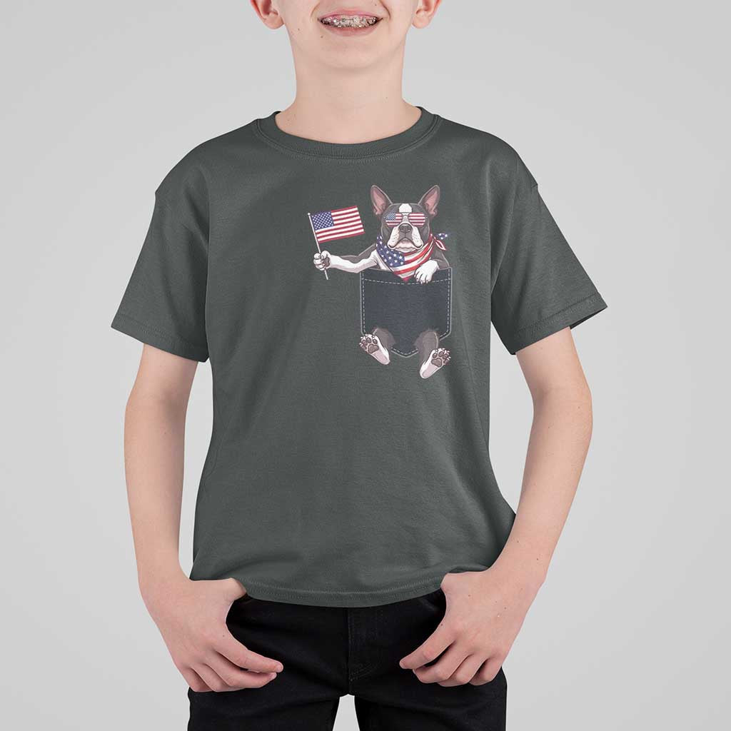 Funny Patriotic French Bulldog in Pocket Graphic T Shirt For Kid Cute Frenchie Waving US Flag Sunglasses Faux Summer