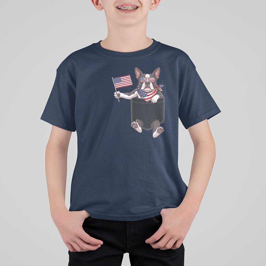Funny Patriotic French Bulldog in Pocket Graphic T Shirt For Kid Cute Frenchie Waving US Flag Sunglasses Faux Summer