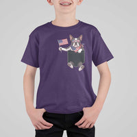 Funny Patriotic French Bulldog in Pocket Graphic T Shirt For Kid Cute Frenchie Waving US Flag Sunglasses Faux Summer