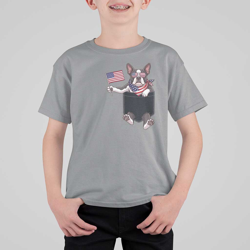 Funny Patriotic French Bulldog in Pocket Graphic T Shirt For Kid Cute Frenchie Waving US Flag Sunglasses Faux Summer