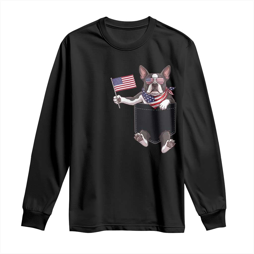 Funny Patriotic French Bulldog in Pocket Graphic Long Sleeve Shirt Cute Frenchie Waving US Flag Sunglasses Faux Summer