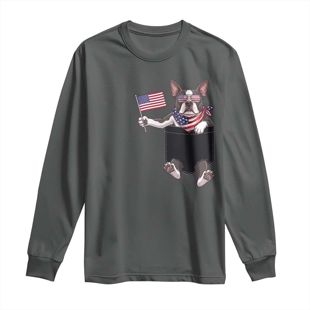 Funny Patriotic French Bulldog in Pocket Graphic Long Sleeve Shirt Cute Frenchie Waving US Flag Sunglasses Faux Summer