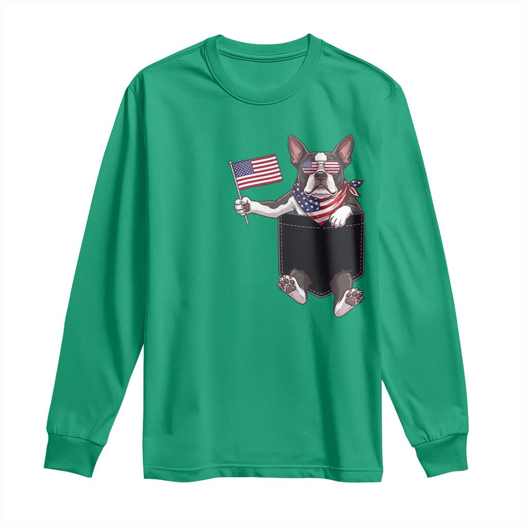 Funny Patriotic French Bulldog in Pocket Graphic Long Sleeve Shirt Cute Frenchie Waving US Flag Sunglasses Faux Summer