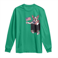 Funny Patriotic French Bulldog in Pocket Graphic Long Sleeve Shirt Cute Frenchie Waving US Flag Sunglasses Faux Summer