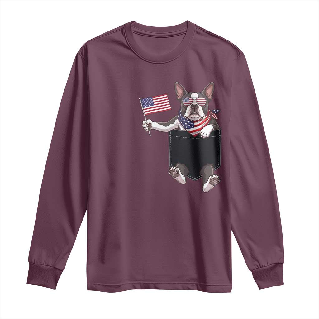 Funny Patriotic French Bulldog in Pocket Graphic Long Sleeve Shirt Cute Frenchie Waving US Flag Sunglasses Faux Summer