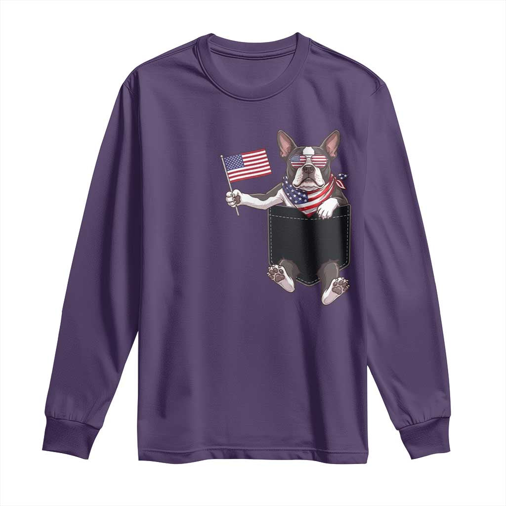 Funny Patriotic French Bulldog in Pocket Graphic Long Sleeve Shirt Cute Frenchie Waving US Flag Sunglasses Faux Summer