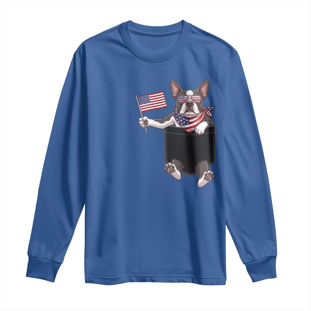 Funny Patriotic French Bulldog in Pocket Graphic Long Sleeve Shirt Cute Frenchie Waving US Flag Sunglasses Faux Summer